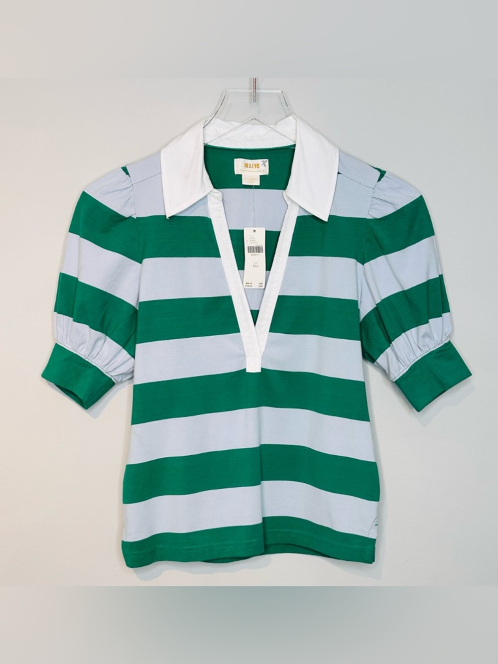 Anthro Maeve Puff Sleeve Green Blue Stripe Rugby Polo Shirt Top NWT - Picture 13 of 15